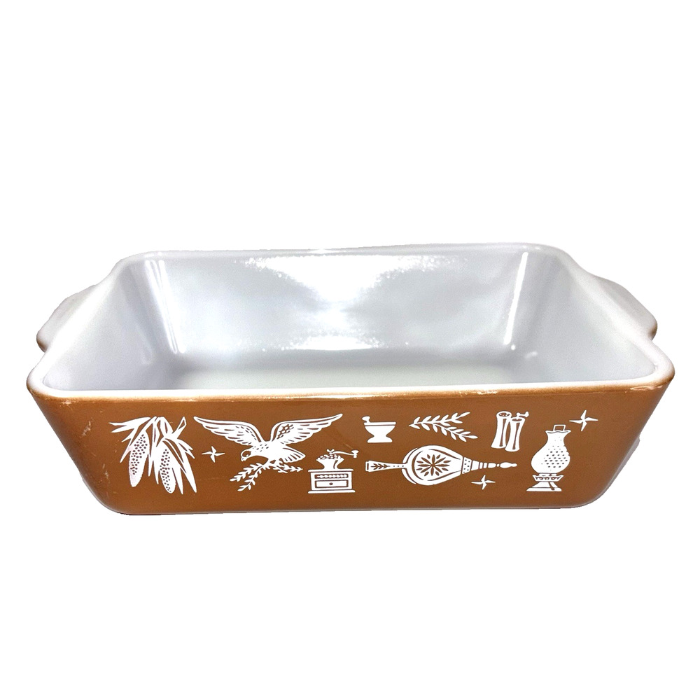 Vtg Pyrex Early American 1.5Qt 503 Refrigerator Casserole Dish Brown White Retro